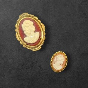 Vintage Cameo Brooch & Pin Set Gold-Tone Frame Oval Design Two Sizes Elegant & R